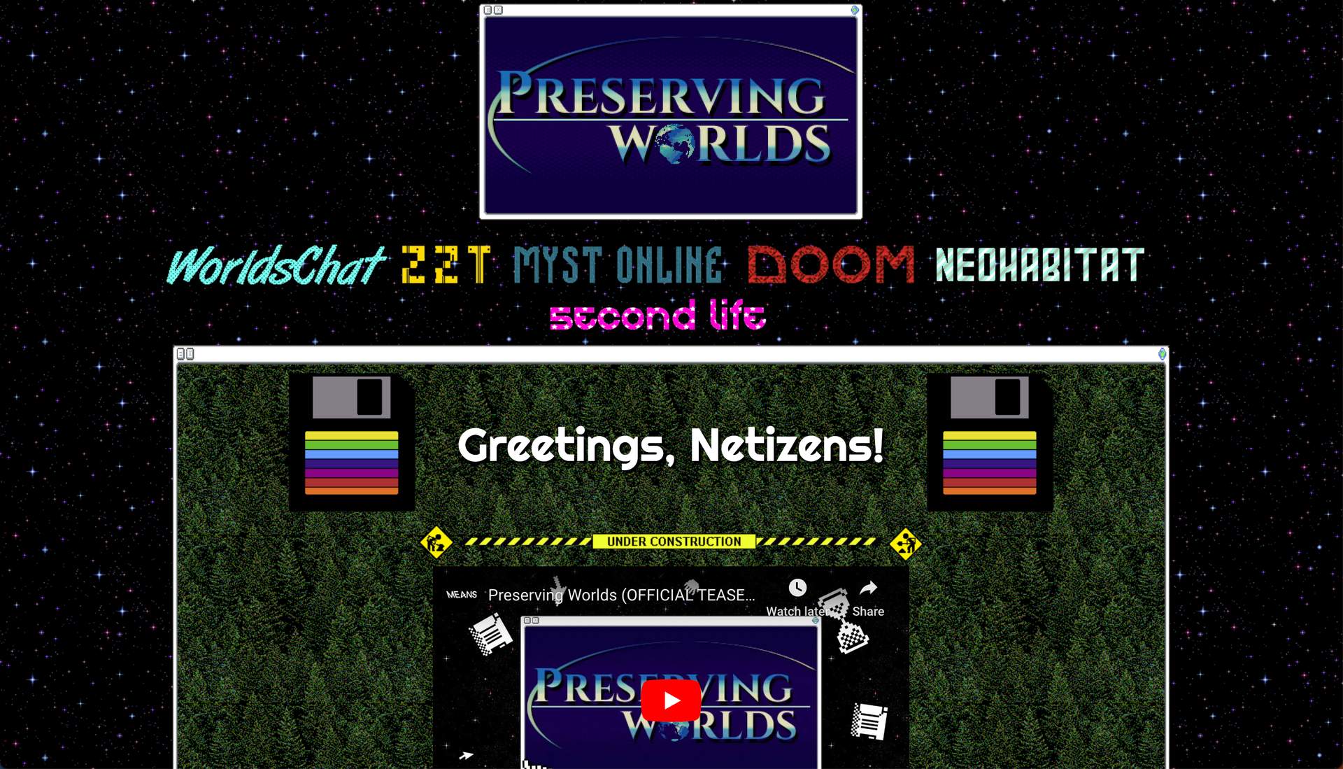 screenshot of a website with colorful floppy disks, stars, an image texture of repeating trees, and text saying 'greetings, netizens'